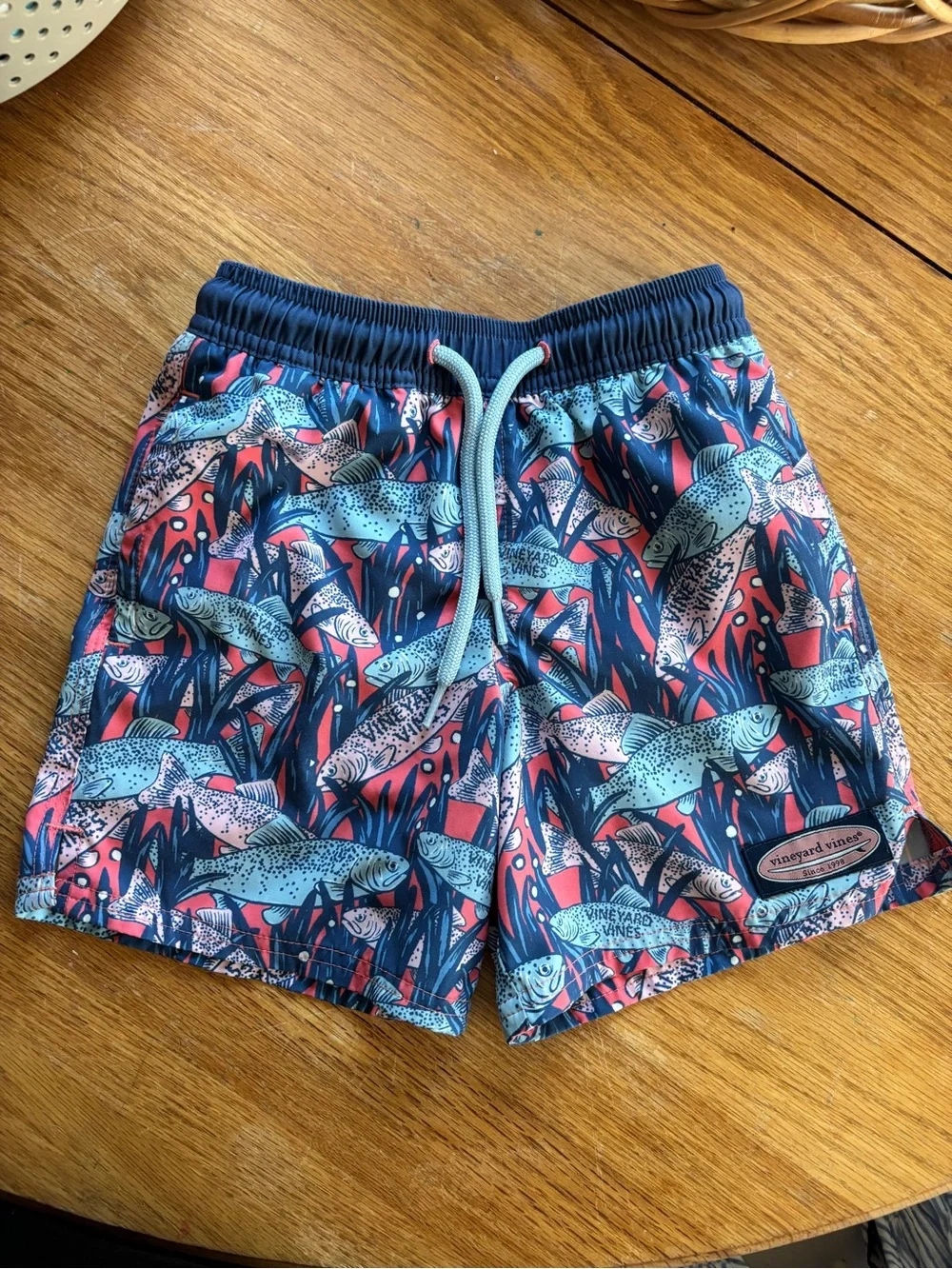 Vineyard Vines Boys Navy & Coral Fish-Print Swim Shorts